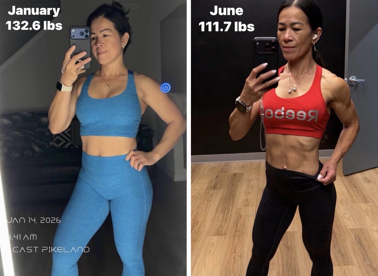 Winie before and after — 132.6 lbs in January to 111.7 lbs in June