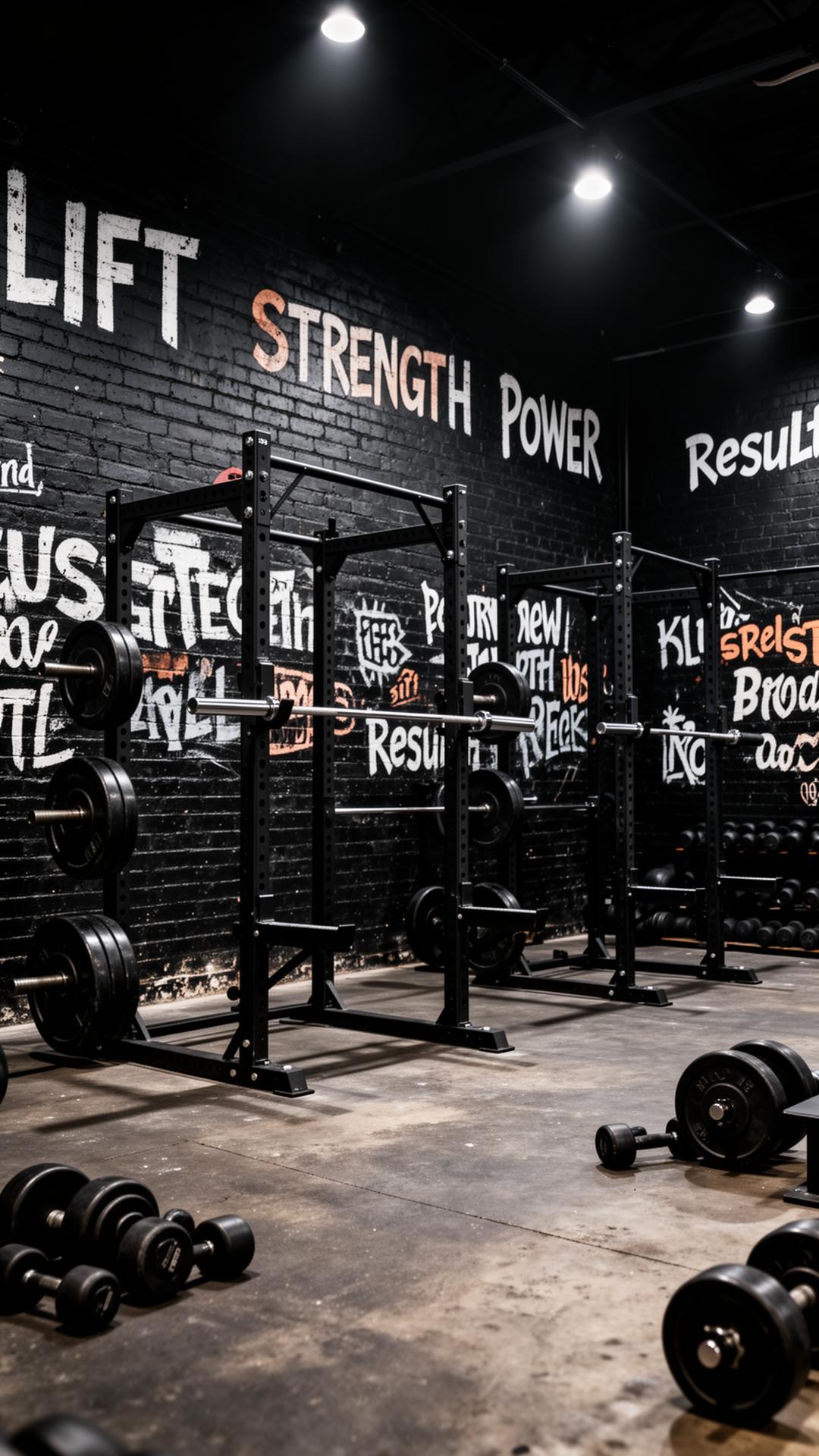 Battlegrounds Gym in Oaks, Pennsylvania — black-walled strength facility with squat racks, barbells, and graffiti-style motivational lettering